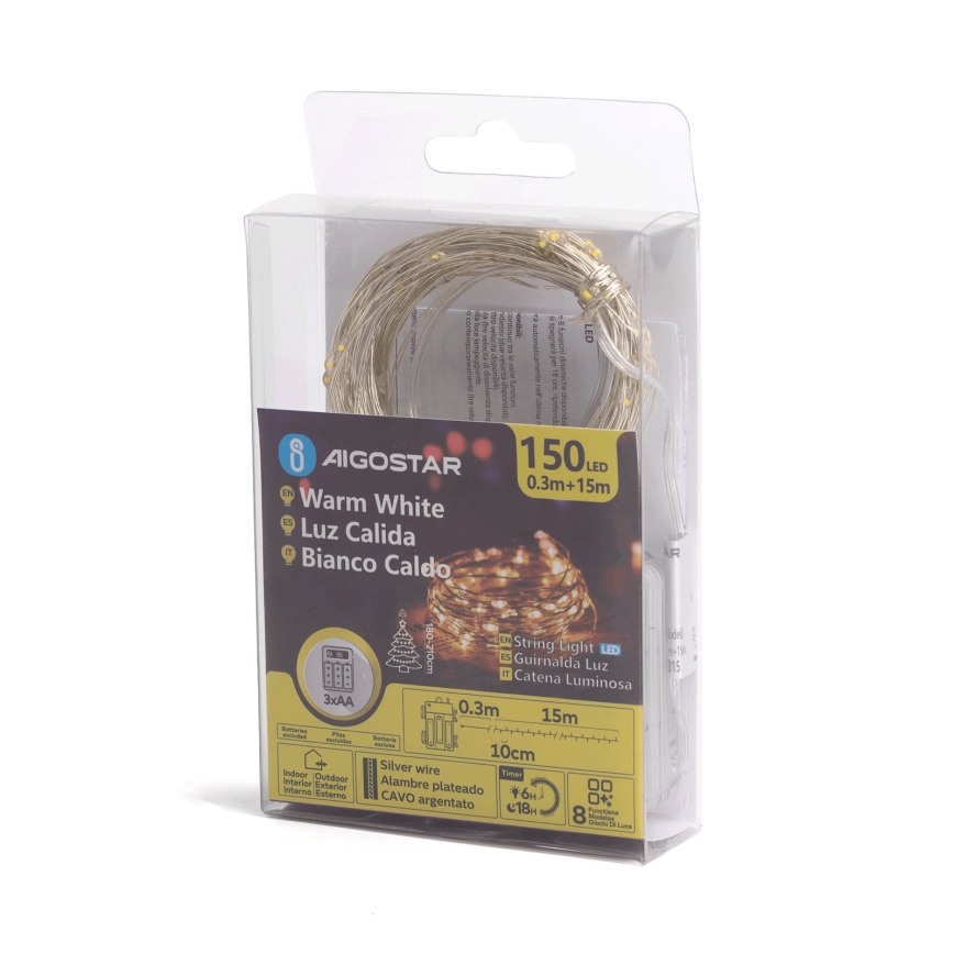 Aigostar -LED Outdoor Christmas chain 150xLED/8 functions 3xAA 15,3m IP44 warm white