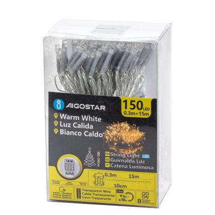Aigostar -LED Outdoor Christmas chain 150xLED/8 functions 3xAA 15,3m IP44 warm white