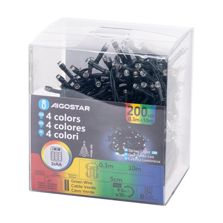 Aigostar -LED Outdoor Christmas chain 200xLED/8 functions 3xAA 10,3m IP44 multicolor
