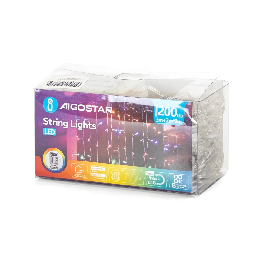 Aigostar - LED Outdoor Christmas chain 200xLED/8 functions 3xAA 5x2m IP44 multicolor