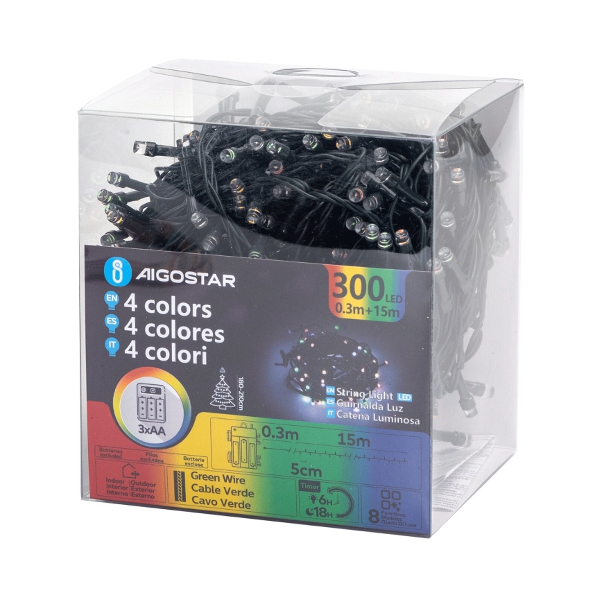Aigostar -LED Outdoor Christmas chain 300xLED/8 functions 3xAA 15,3m IP44 multicolor