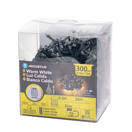 Aigostar-LED Outdoor Christmas chain 300xLED/8 functions 3xAA 15,3m IP44 warm white
