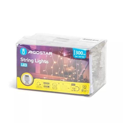 Aigostar - LED Outdoor Christmas chain 300xLED/8 functions 3xAA 6x2m IP44 warm white