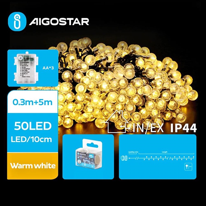 Aigostar - LED Outdoor Christmas chain 50xLED/3xAA/8 functions 5,3 m IP44 warm white
