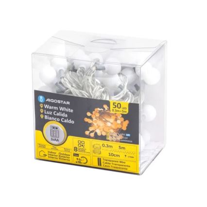 Aigostar - LED Outdoor Christmas chain 50xLED/3xAA/8 functions 5,3 m IP44 warm white