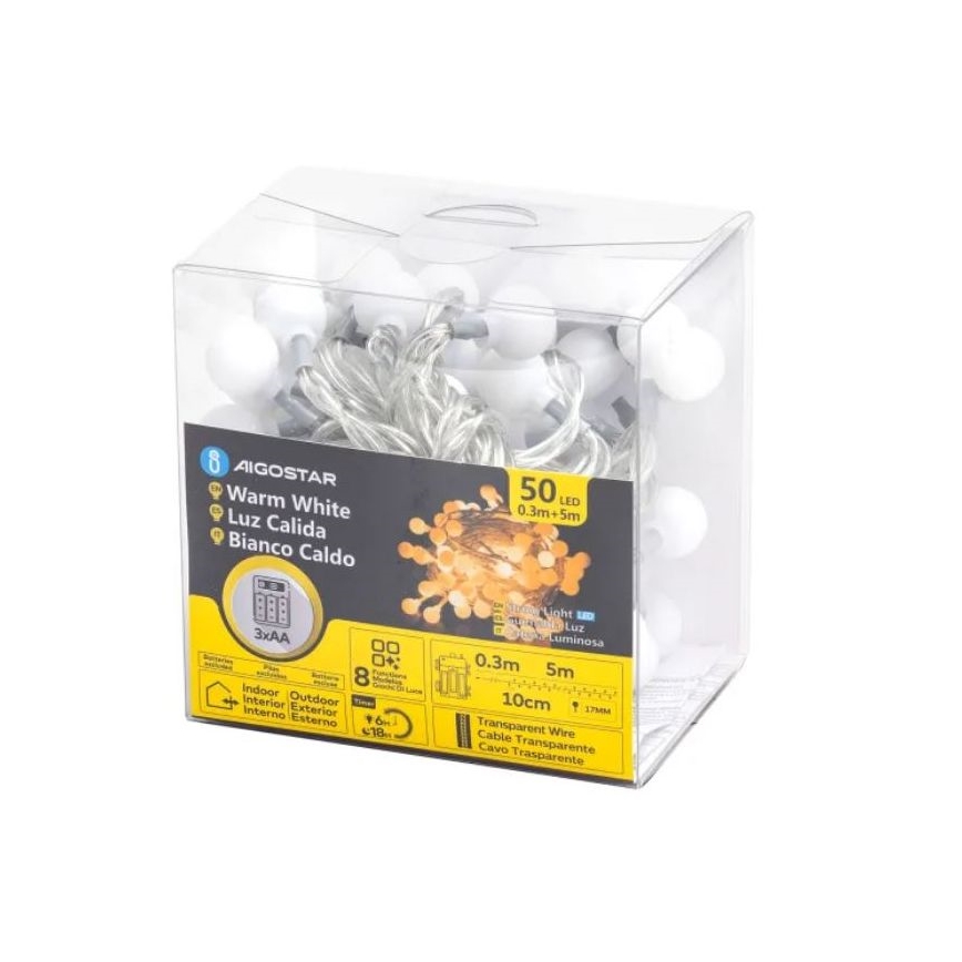 Aigostar - LED Outdoor Christmas chain 50xLED/3xAA/8 functions 5,3 m IP44 warm white