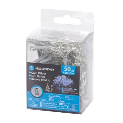 Aigostar -LED Outdoor Christmas chain 50xLED/8 functions 3xAA 5,3m IP44 cool white