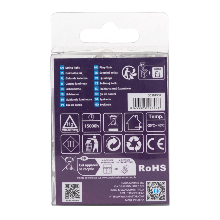 Aigostar -LED Outdoor Christmas chain 50xLED/8 functions 3xAA 5,3m IP44 cool white