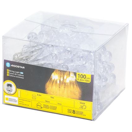 Aigostar - LED Outdoor Christmas String Lights 100xLED/8 functions 3xAA 10 m IP44 warm white drops