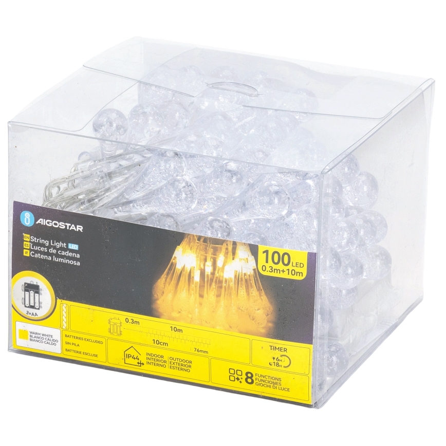 Aigostar - LED Outdoor Christmas String Lights 100xLED/8 functions 3xAA 10 m IP44 warm white drops