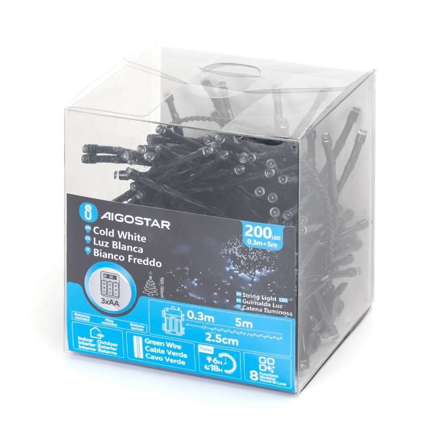 Aigostar - Outdoor LED Christmas String Lights, 200 LEDs, 8 lighting modes, 3xAA, 5.3 m, IP44, Cool White