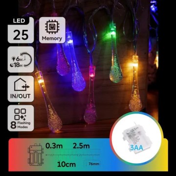 Aigostar - LED Outdoor Christmas Light Chain, 25 LEDs, 8 Modes, Battery-powered (3×AA), 2.5 m, IP44, Multicolor Droplets