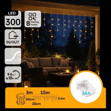 Aigostar - LED Outdoor Christmas Light Chain, 300xLED/8 functions, 3xAA, 18x0.6 m, IP44, warm white