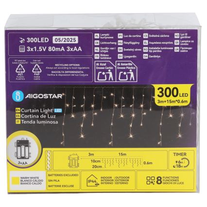 Aigostar - LED Outdoor Christmas Light Chain, 300xLED/8 functions, 3xAA, 18x0.6 m, IP44, warm white