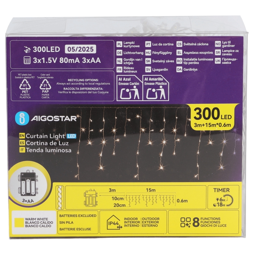 Aigostar - LED Outdoor Christmas Light Chain, 300xLED/8 functions, 3xAA, 18x0.6 m, IP44, warm white