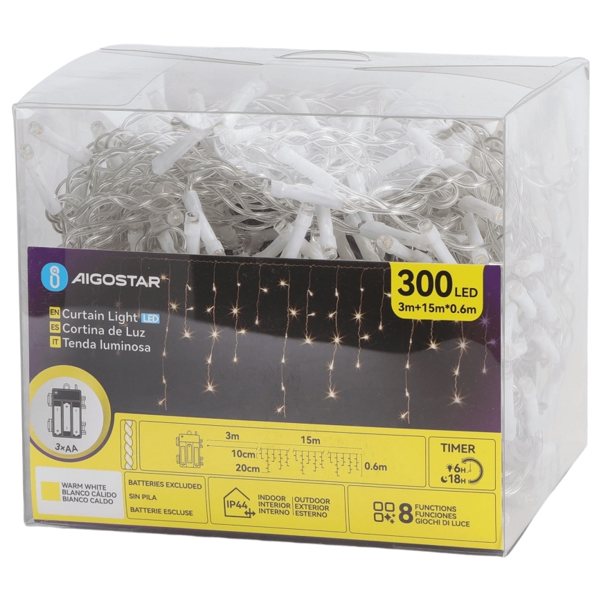 Aigostar - LED Outdoor Christmas Light Chain, 300xLED/8 functions, 3xAA, 18x0.6 m, IP44, warm white
