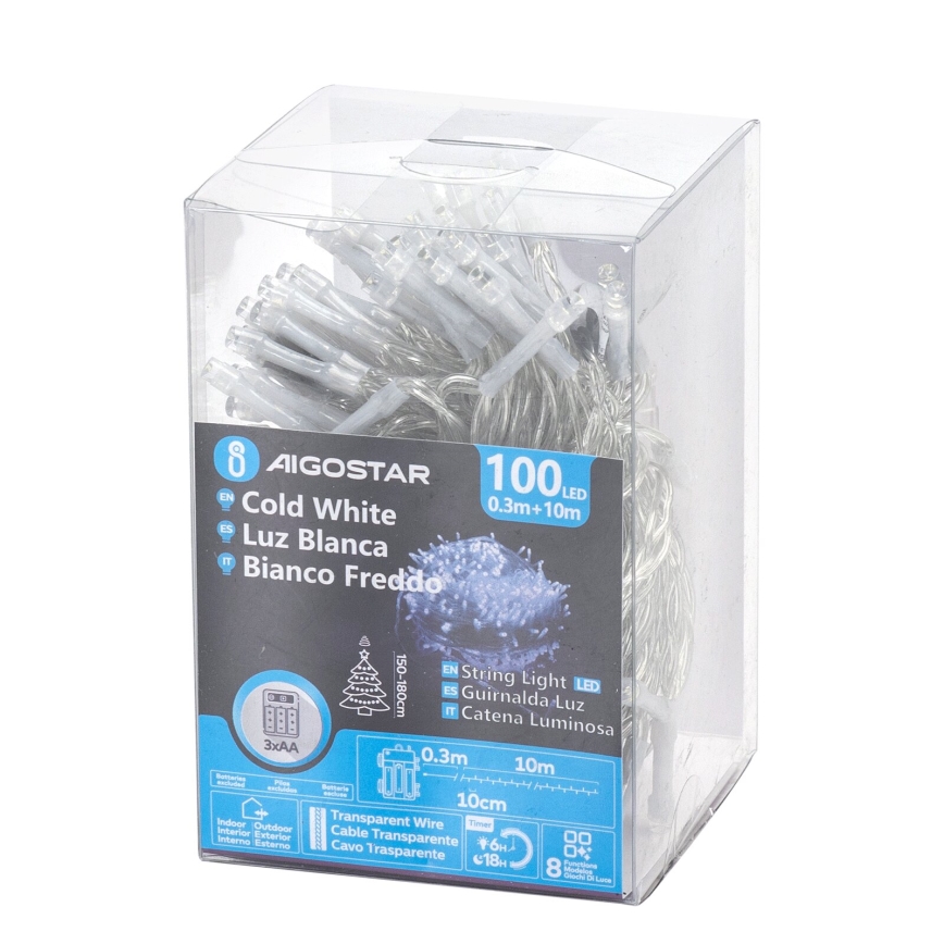 Aigostar - LED Outdoor Christmas String Lights 100 LEDs / 8 modes / 3x AA batteries / 10.3 m / IP44 / cool white