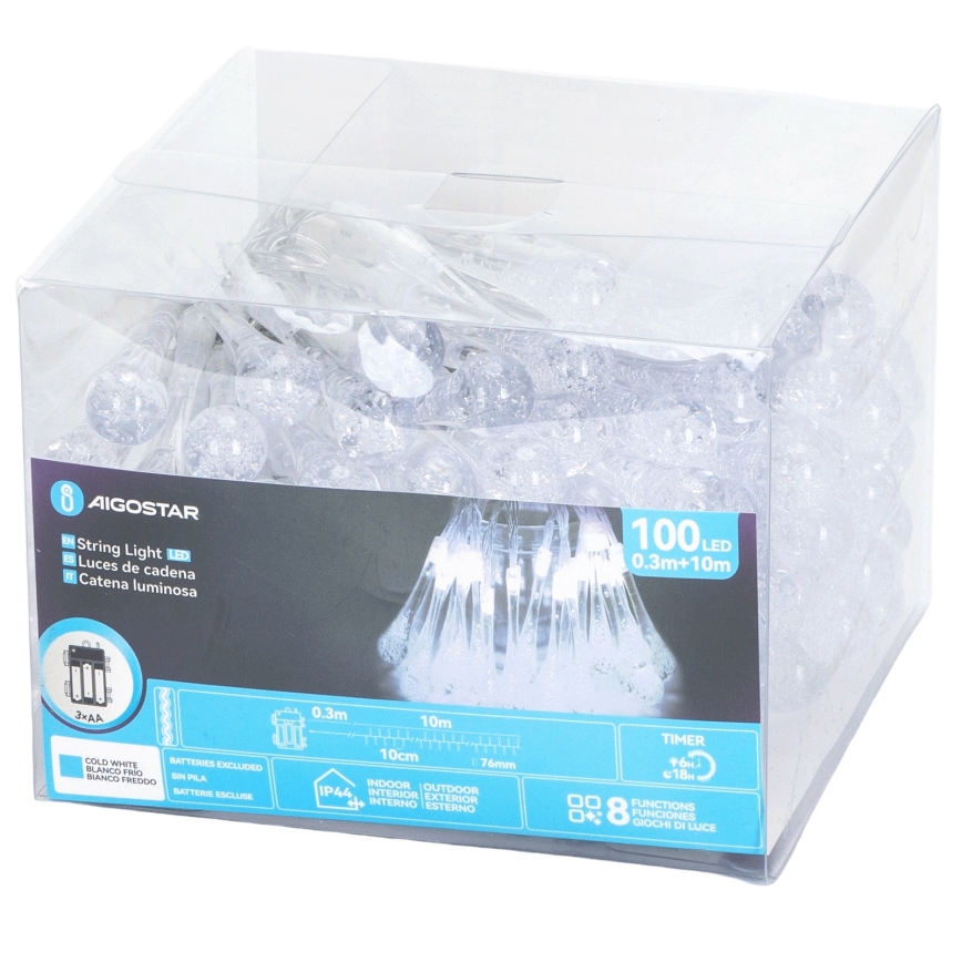 Aigostar - LED Outdoor Christmas String Lights, 100 LEDs / 8 Functions, 3xAA, 10 m, IP44, Cool White, Drop-shaped