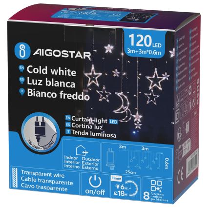 Aigostar - Outdoor LED Christmas String Lights 120 LEDs/6W/230V/8 lighting modes/3×0.6 m/IP44 cool white + remote control