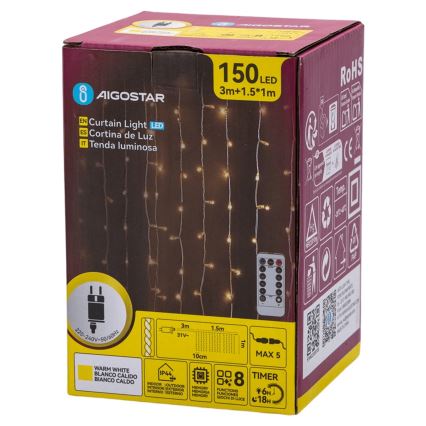 Aigostar - LED Outdoor Christmas String Lights 150 LEDs/6W/230V/8 modes 1.5x1 m IP44 warm white + remote control