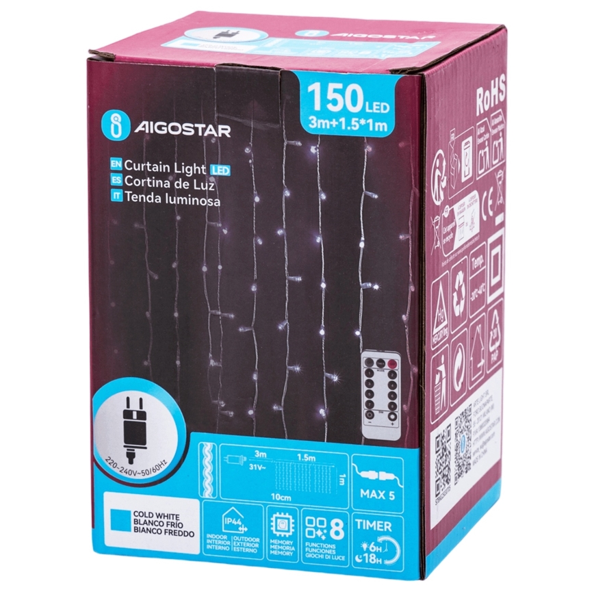 Aigostar - LED Outdoor Christmas String Lights 150xLED/6W/230V/8 lighting modes 1,5x1m IP44 cool white + remote control