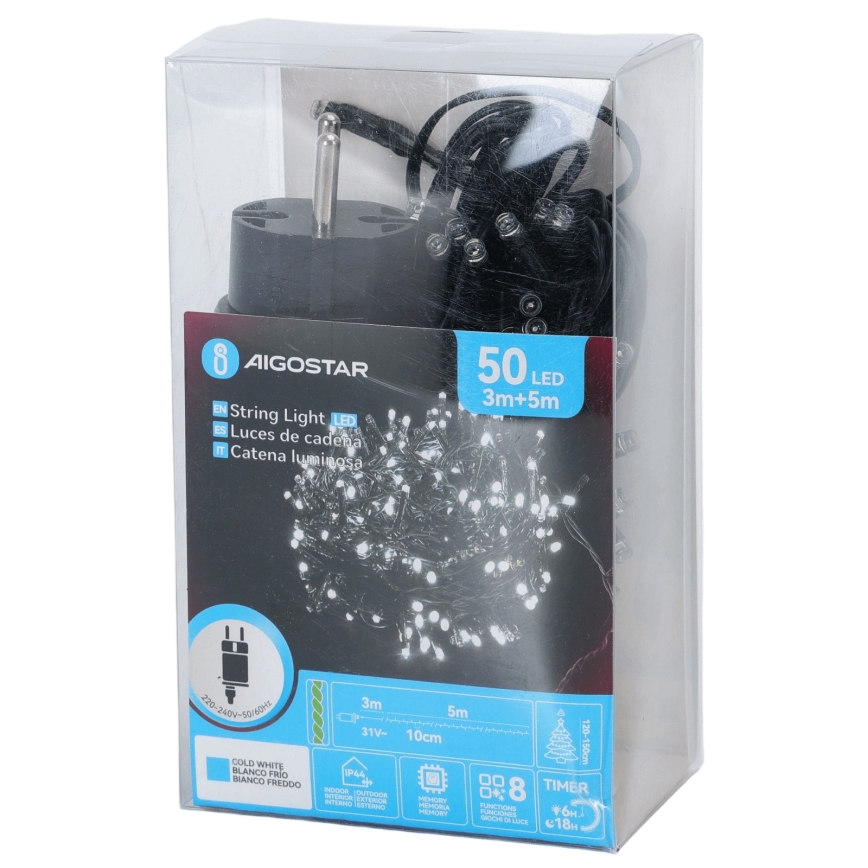 Aigostar - LED Outdoor Christmas Light String, 50 LEDs, 8 Lighting Modes, 8 m, IP44, Cool White