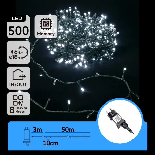 Aigostar - LED Outdoor Christmas Light String 500 LEDs/8 functions 50m IP44 Cool White