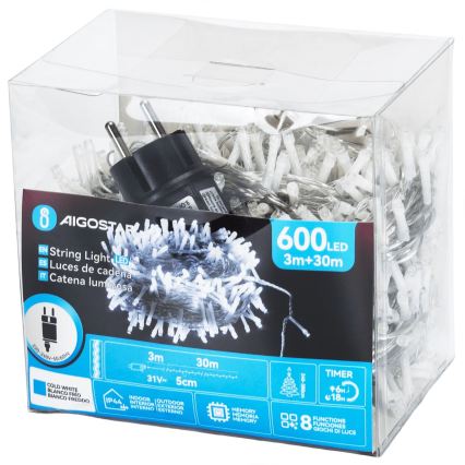 Aigostar - LED Outdoor Christmas Light String 600 LEDs / 8 modes, 33 m, IP44, Cool White