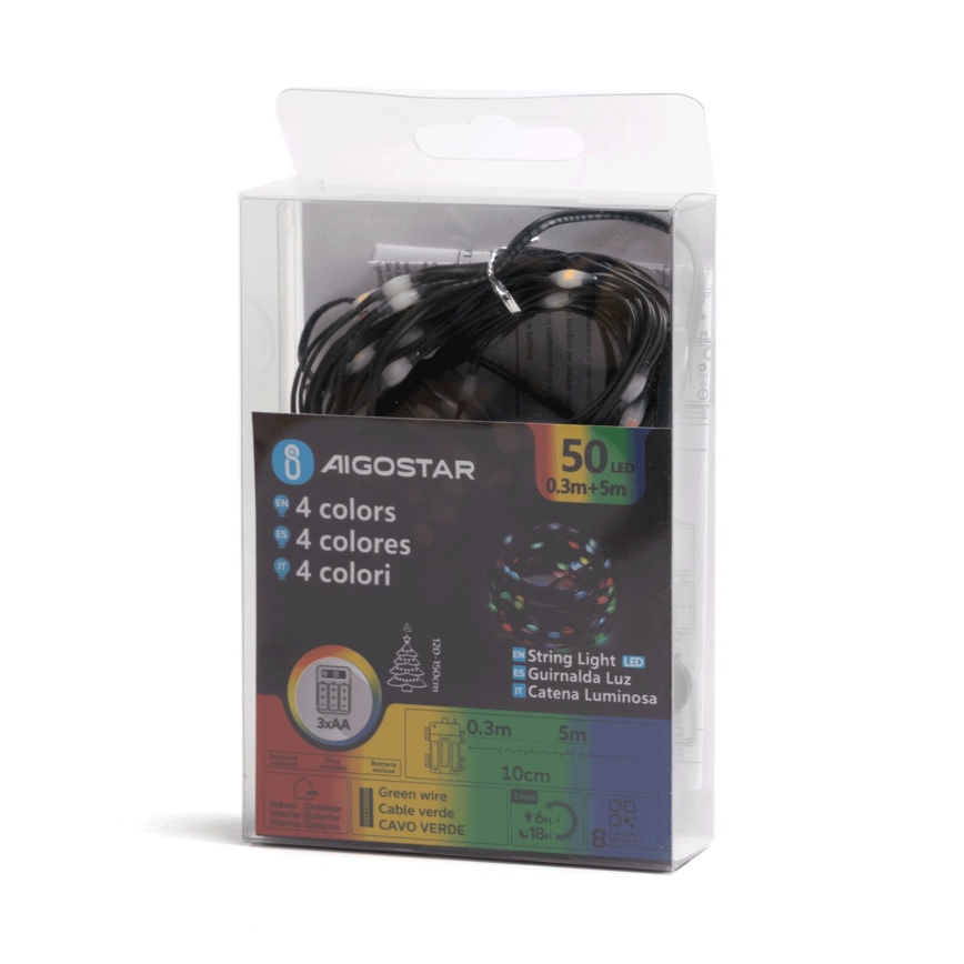 Aigostar - LED Outdoor Christmas lights 50 LEDs / 8 functions 3xAA 5.3 m IP44 multicolor