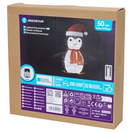 Aigostar - LED Outdoor Christmas Penguin Decoration, 50 LEDs / 3×AA, IP44