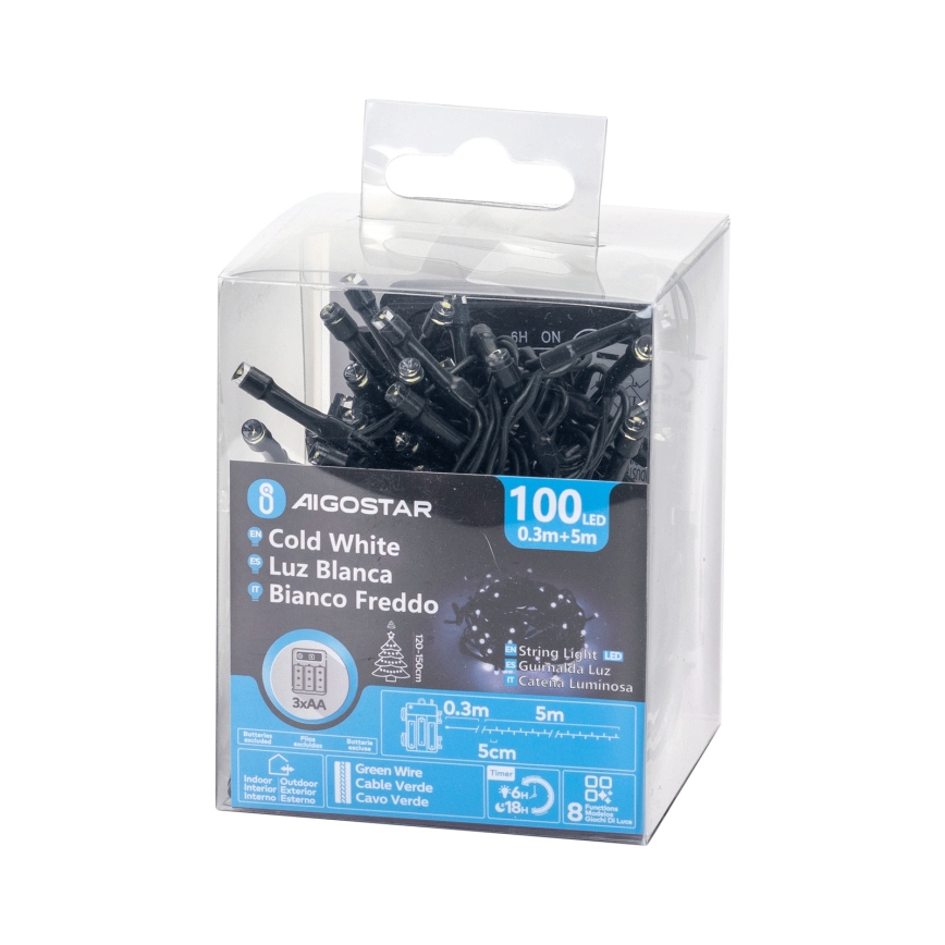 Aigostar - LED Outdoor Christmas Lights, 100 LEDs / 8 Modes, 3×AA, 5.3 m, IP44, Cool White