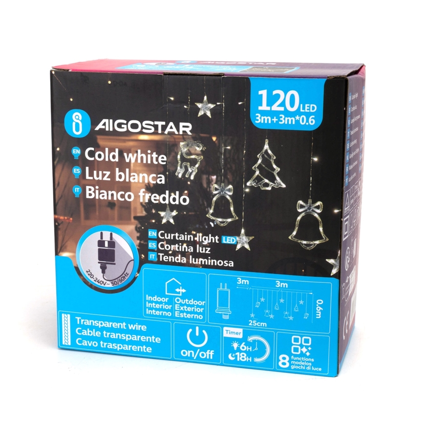 Aigostar - LED Outdoor Christmas String Lights 120xLED/8 functions 3x0,6m IP44 cool white + remote control