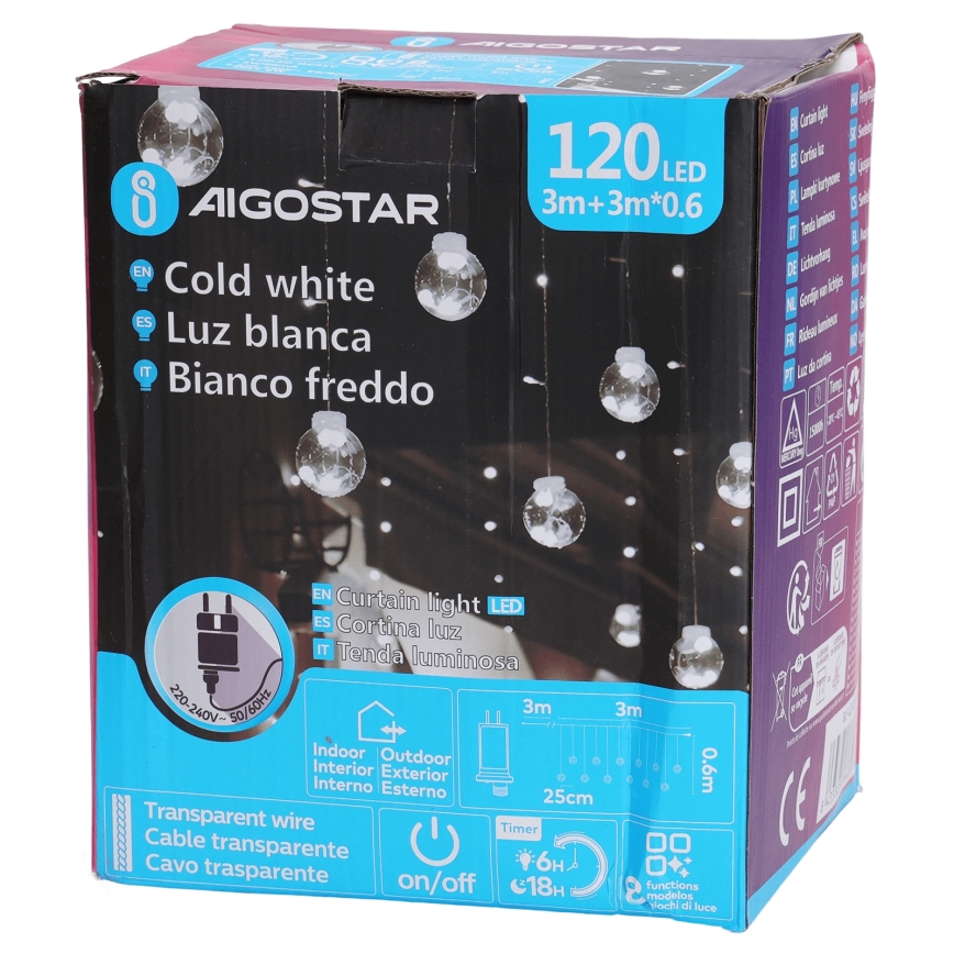 Aigostar - LED Outdoor String Lights 120 LEDs / 8 Modes 3 x 0.6 m IP44 Cool White + Remote Control