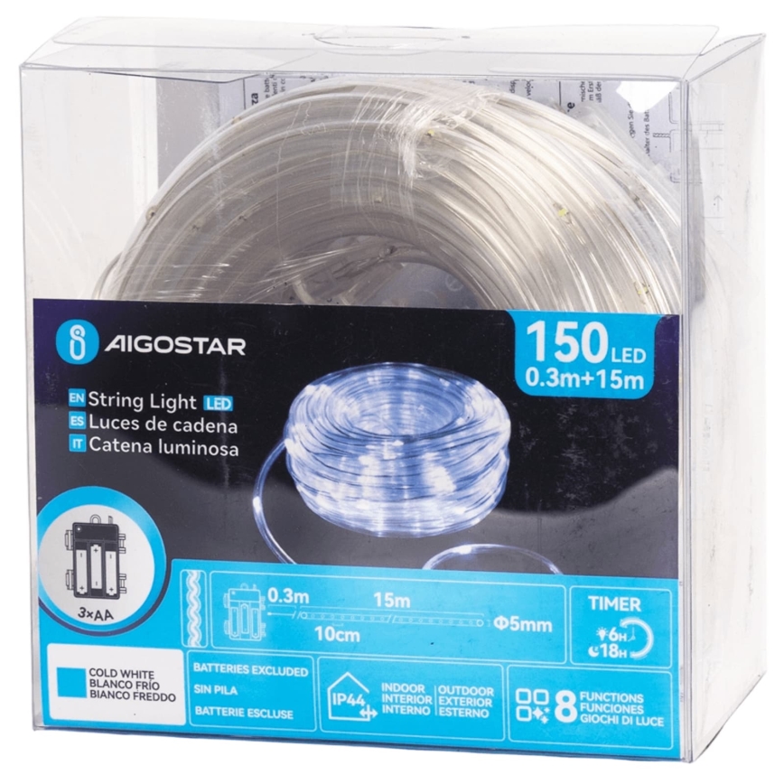Aigostar - LED Outdoor Christmas String 150xLED/8 functions 3xAA 15,3m IP44 cool white