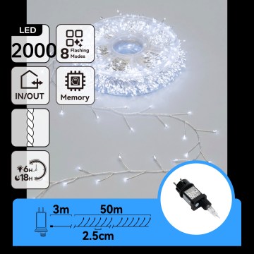 Aigostar - LED Outdoor Christmas String 2000xLED/8 functions 53m IP44 cool white
