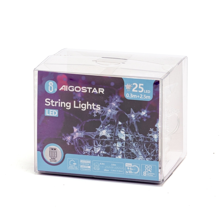 Aigostar - LED Outdoor String Lights, 25 LEDs / 8 Light Modes, 3xAA, 2.5 m, IP44, Cool White