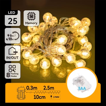 Aigostar - LED Outdoor Christmas String 25xLED/3xAA/8 functions 2.8 m IP44 warm white