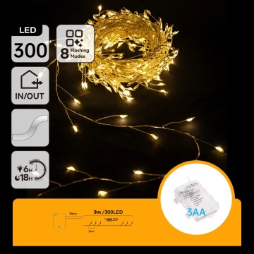 Aigostar - LED Outdoor Christmas String 300xLED/8 functions 3xAA 9,3m IP44 warm white