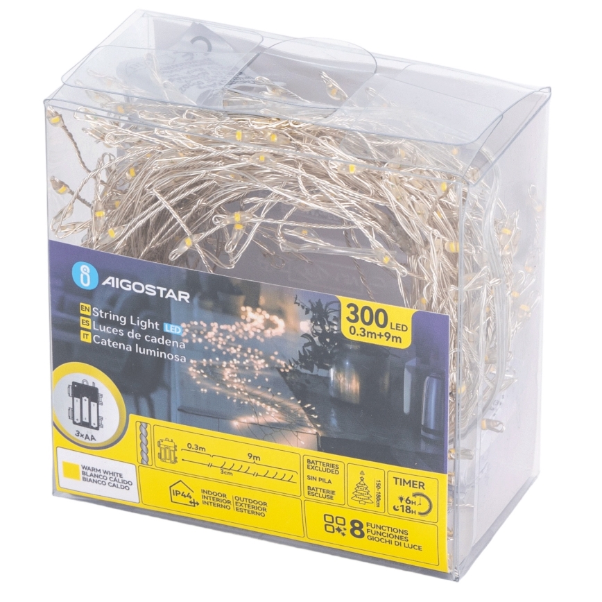 Aigostar - LED Outdoor Christmas String 300xLED/8 functions 3xAA 9,3m IP44 warm white