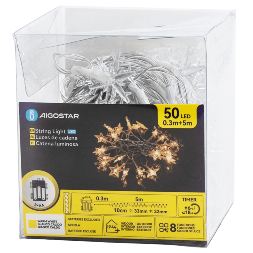 Aigostar - LED Outdoor Christmas String Lights 50 LEDs / 8 functions, 3×AA, 5 m, IP44, warm white, stars