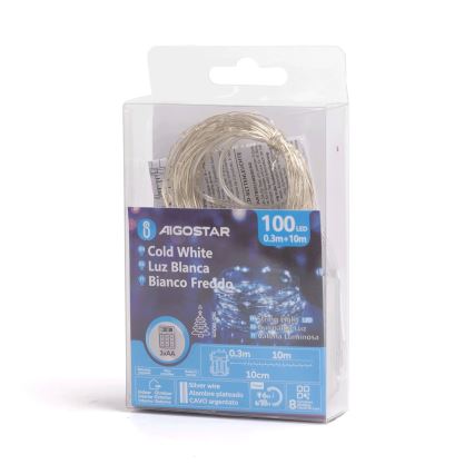 Aigostar - LED Outdoor Christmas string lights 100xLED/8 functions/3xAA 10,3m IP44 cool white