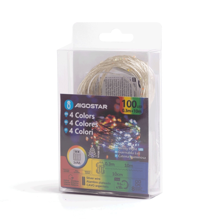 Aigostar - LED Outdoor Christmas string lights 100 LEDs/8 functions/3xAA10.3m IP44 multicolor