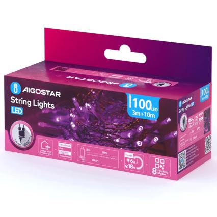 Aigostar - LED Outdoor Christmas String Lights 100 LEDs/8 functions 13m IP44 Pink