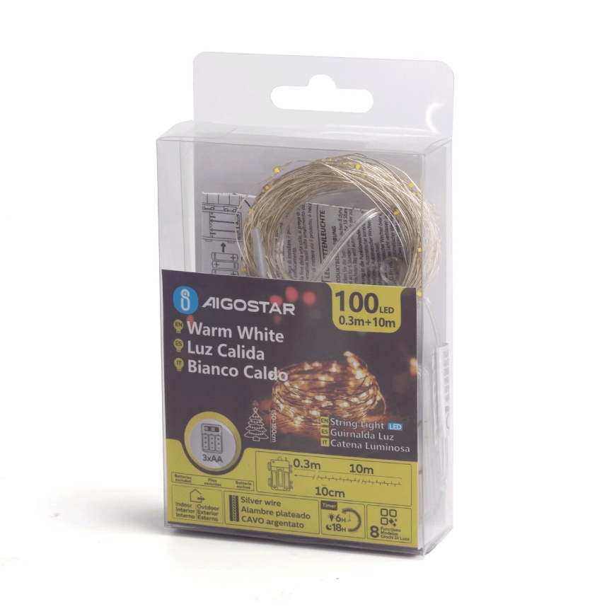 Aigostar - LED Outdoor Christmas String Lights 100 LEDs / 8 functions 3x AA 10.3 m IP44 Warm White
