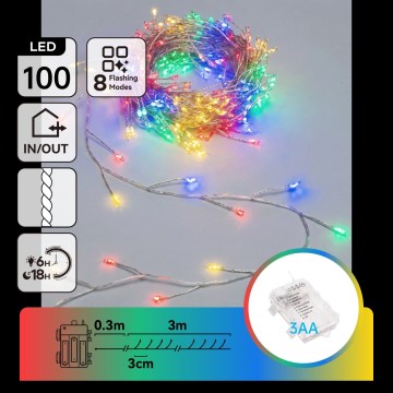 Aigostar - LED Outdoor Christmas String Lights 100 LEDs / 8 functions 3xAA 3.3m IP44 multicolor