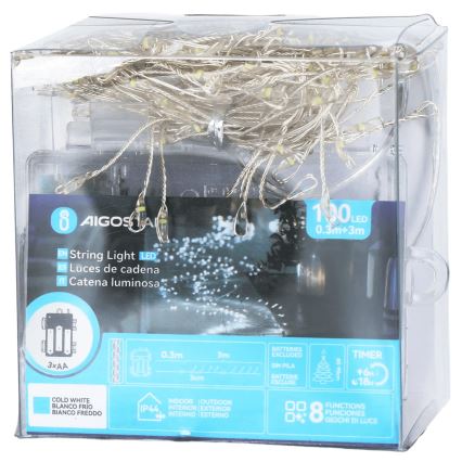 Aigostar - LED Outdoor Christmas String Lights 100 LEDs/8 functions 3xAA 3.3m IP44 cool white