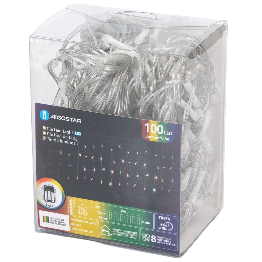Aigostar-LED Outdoor Christmas string lights 100 LEDs / 8 functions, 3×AA, 8 × 0.4 m, IP44, multicolor