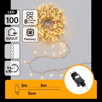 Aigostar - LED Outdoor Christmas String Lights 100 LEDs / 8 functions 5.3m IP44 Warm White