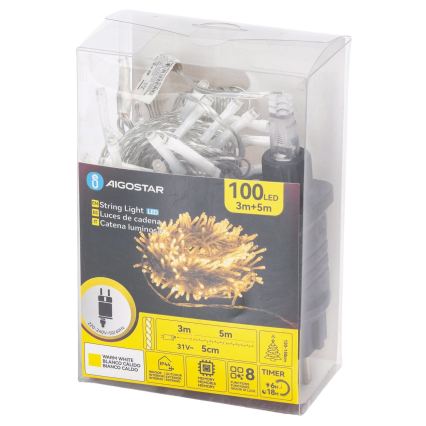 Aigostar - LED Outdoor Christmas String Lights 100 LEDs / 8 functions 5.3m IP44 Warm White