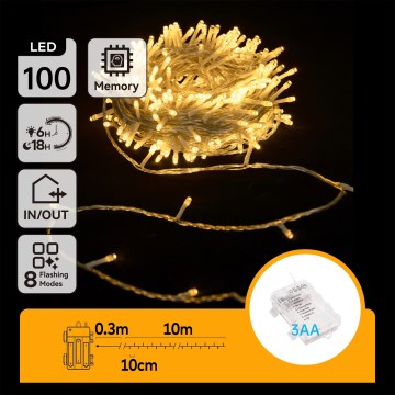 Aigostar -LED Outdoor Christmas string lights 100 LEDs/8 modes 3xAA 10.3m IP44 warm white